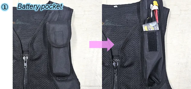 조끼 배터리 포켓 — 지퍼를 열고 배터리를 넣는 모습