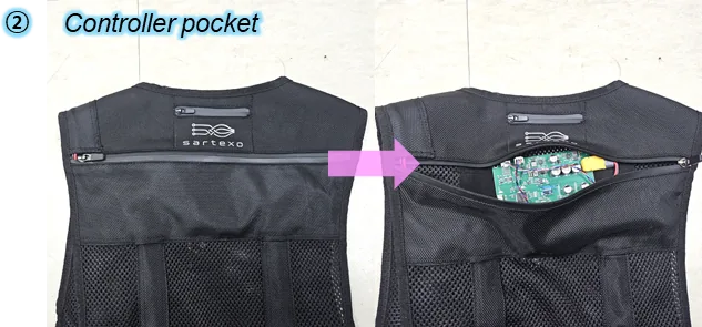 조끼 제어기 포켓 — 제어기 수납 포켓에 제어기를 넣는 모습