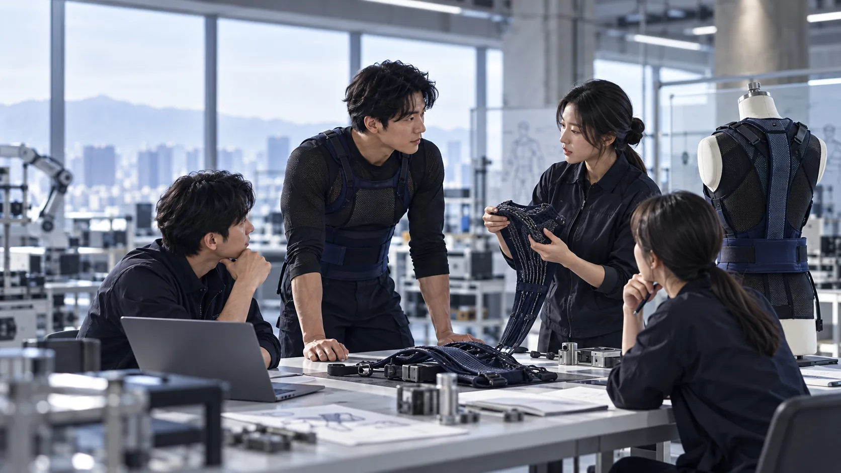 개발팀이 근육옷감 패널과 Bionic Suit 시제품을 검토하는 모습 (콘셉트 이미지)