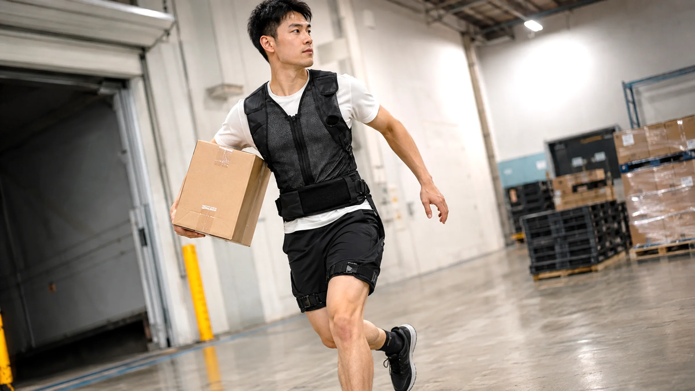 Bionic Suit를 착용하고 상자를 든 채 달리는 작업자 — 옷처럼 가벼워 움직임을 방해하지 않는다